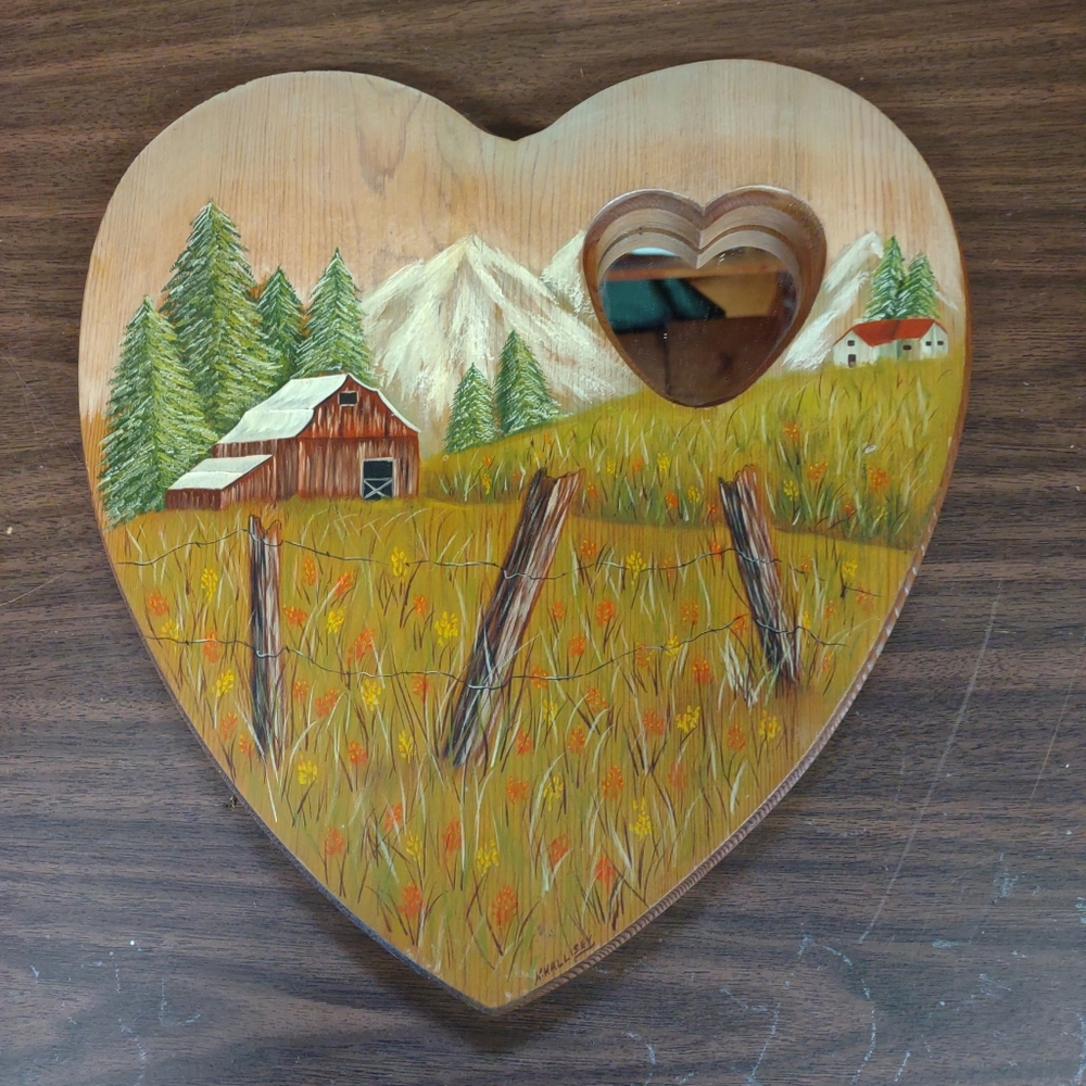 Auction Vintage Norma Hallisey Hand Painted Wood Plaque Folk Art Heart Shaped